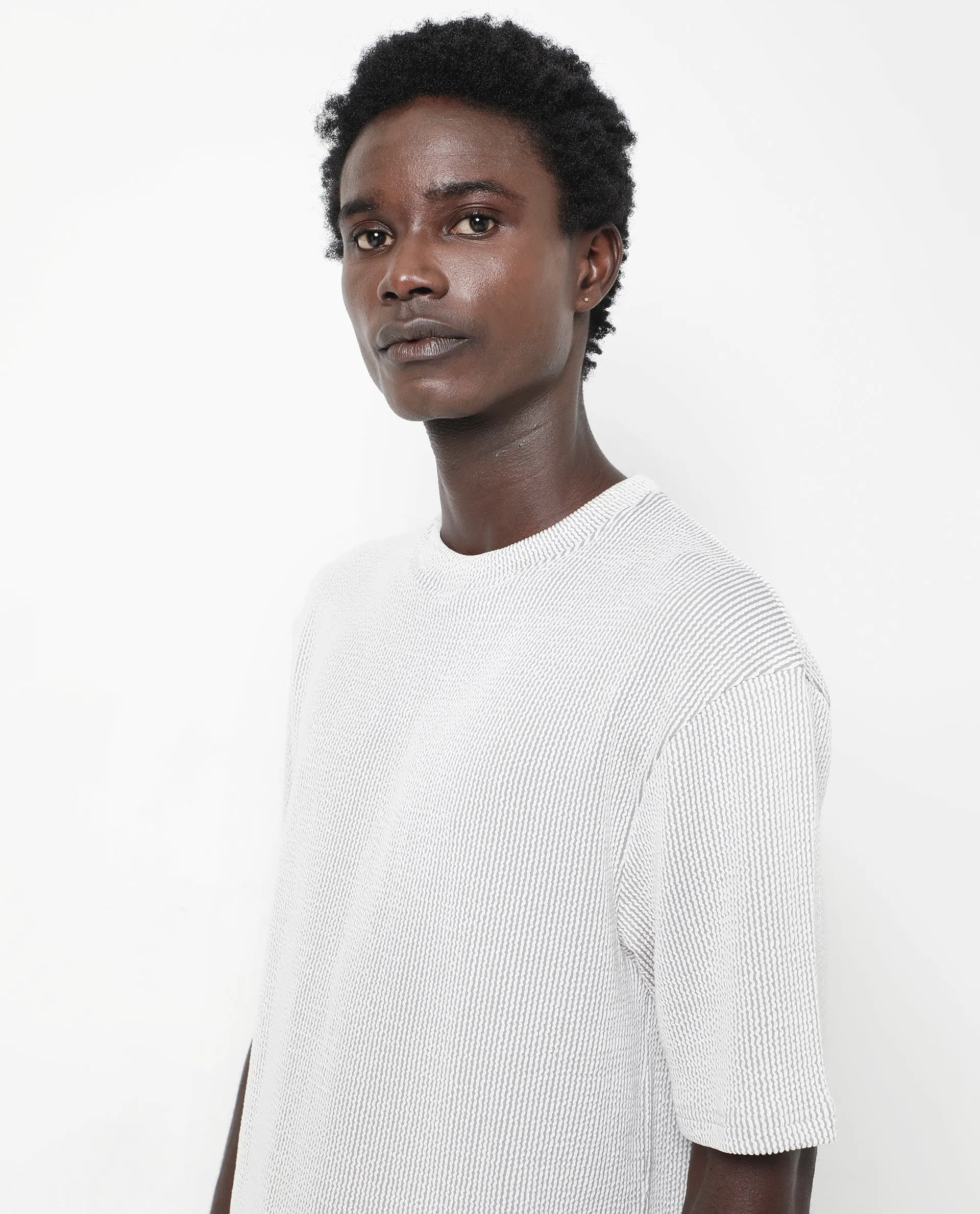 Rare Rabbit Men's Zavet-T Grey Cotton Polyester Fabric Short Sleeves Crew Neck Oversized Fit Self Stripe Textured T-Shirt
