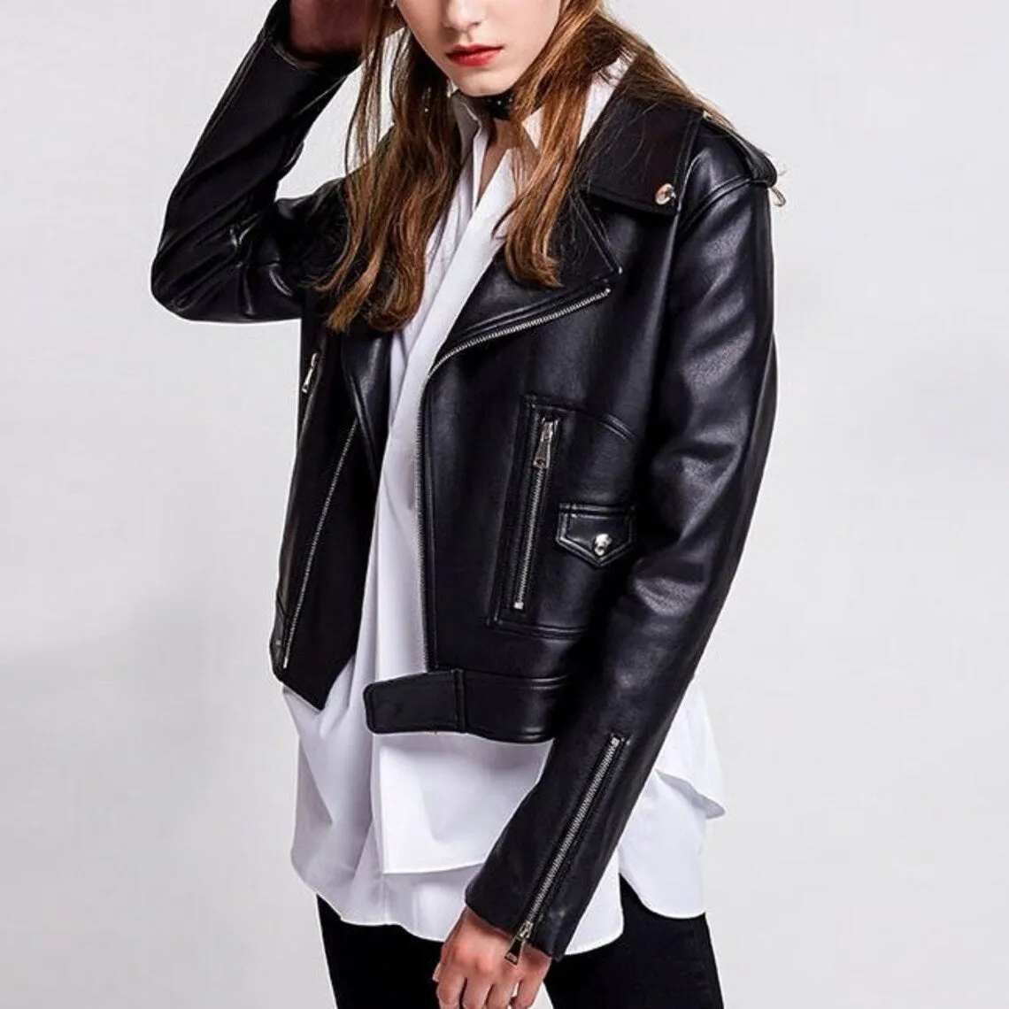 Rebel Chic Handmade Sheepskin Leather Jacket for Women