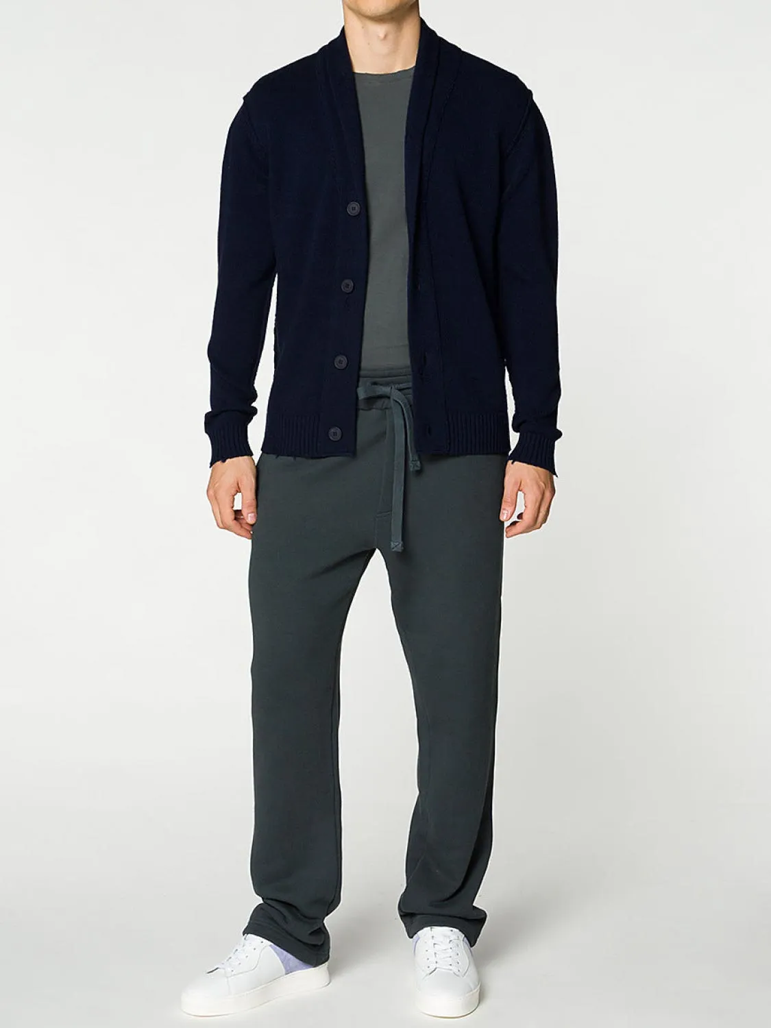 Shawl Collar Distressed Cardigan Virgin Wool Navy