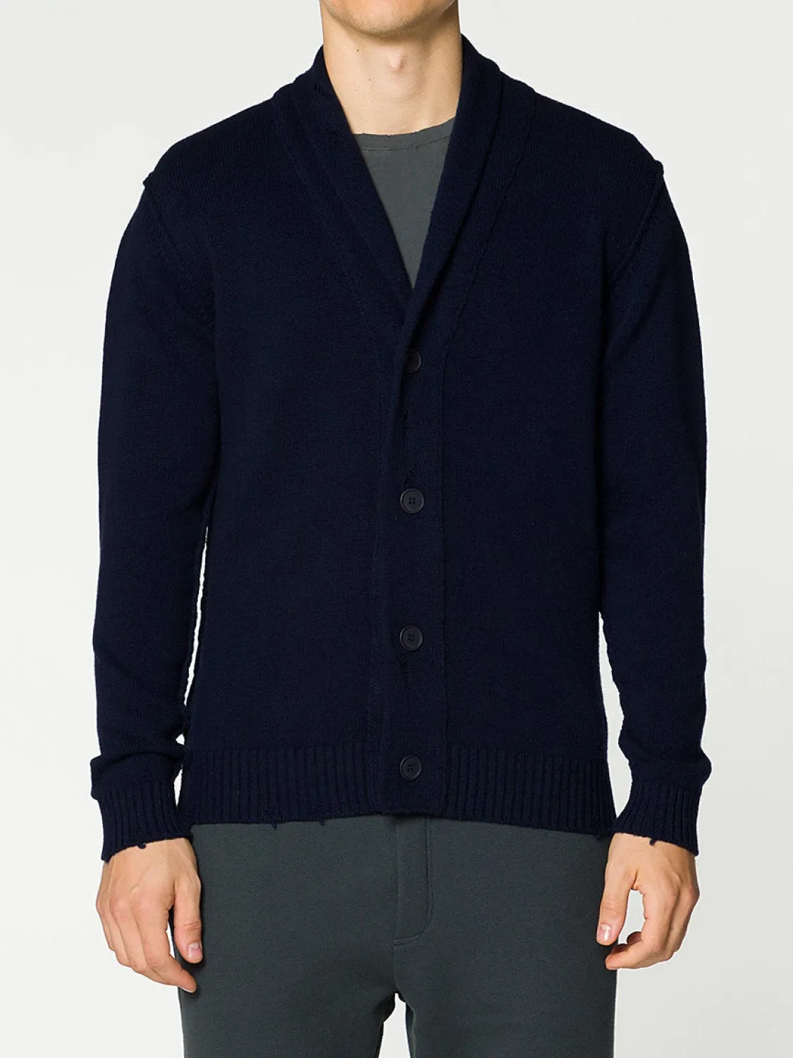 Shawl Collar Distressed Cardigan Virgin Wool Navy