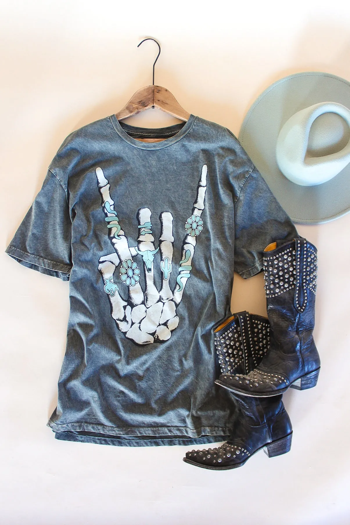 Skeleton Rock On Oversized Graphic Tee