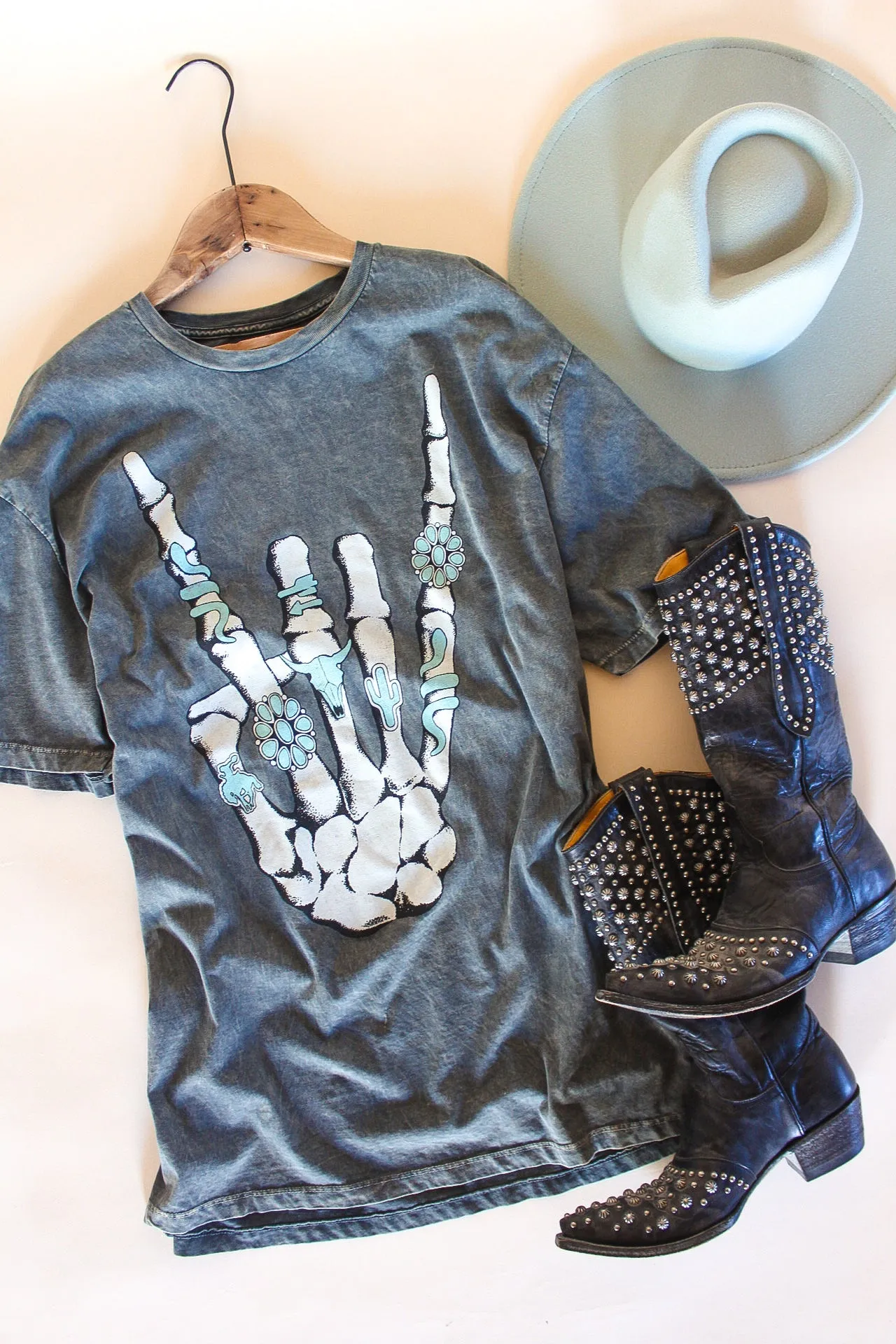 Skeleton Rock On Oversized Graphic Tee