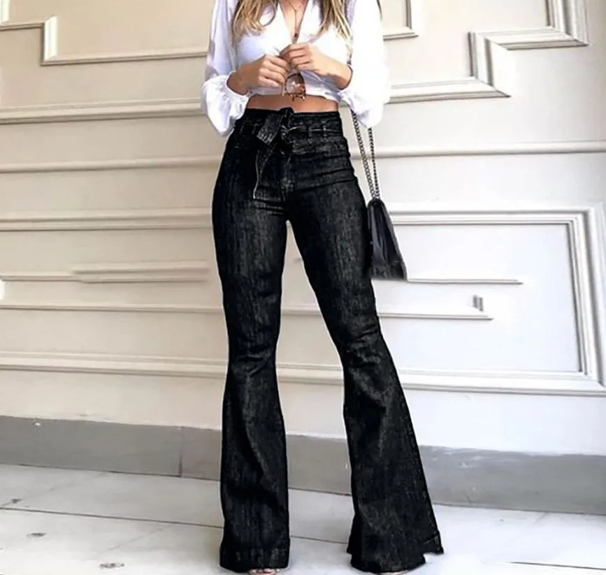 Spring Festival High Waist Hip Temperament Commute Lace-up Pants Wide-leg Jeans Women's Bell-bottom