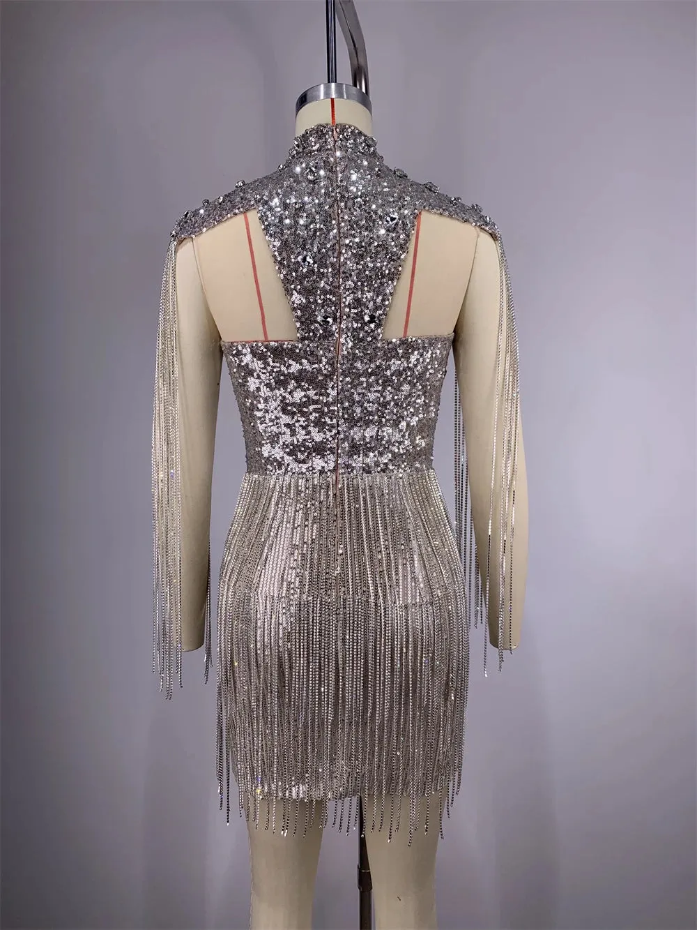 Trend4us Women’s Luxury Silver Beaded Sequin Diamonds Tassel Dress