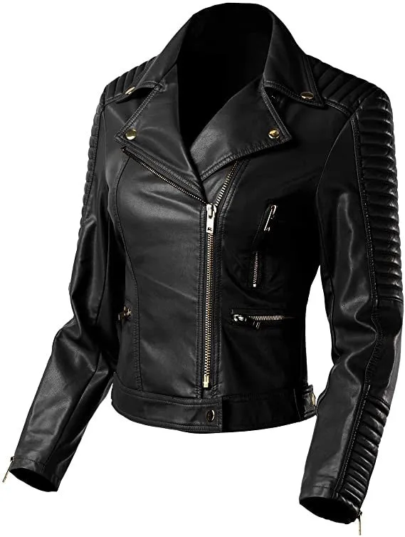 VEGAN FAUX LEATHER PADDED SLEEVE BIKER JACKET