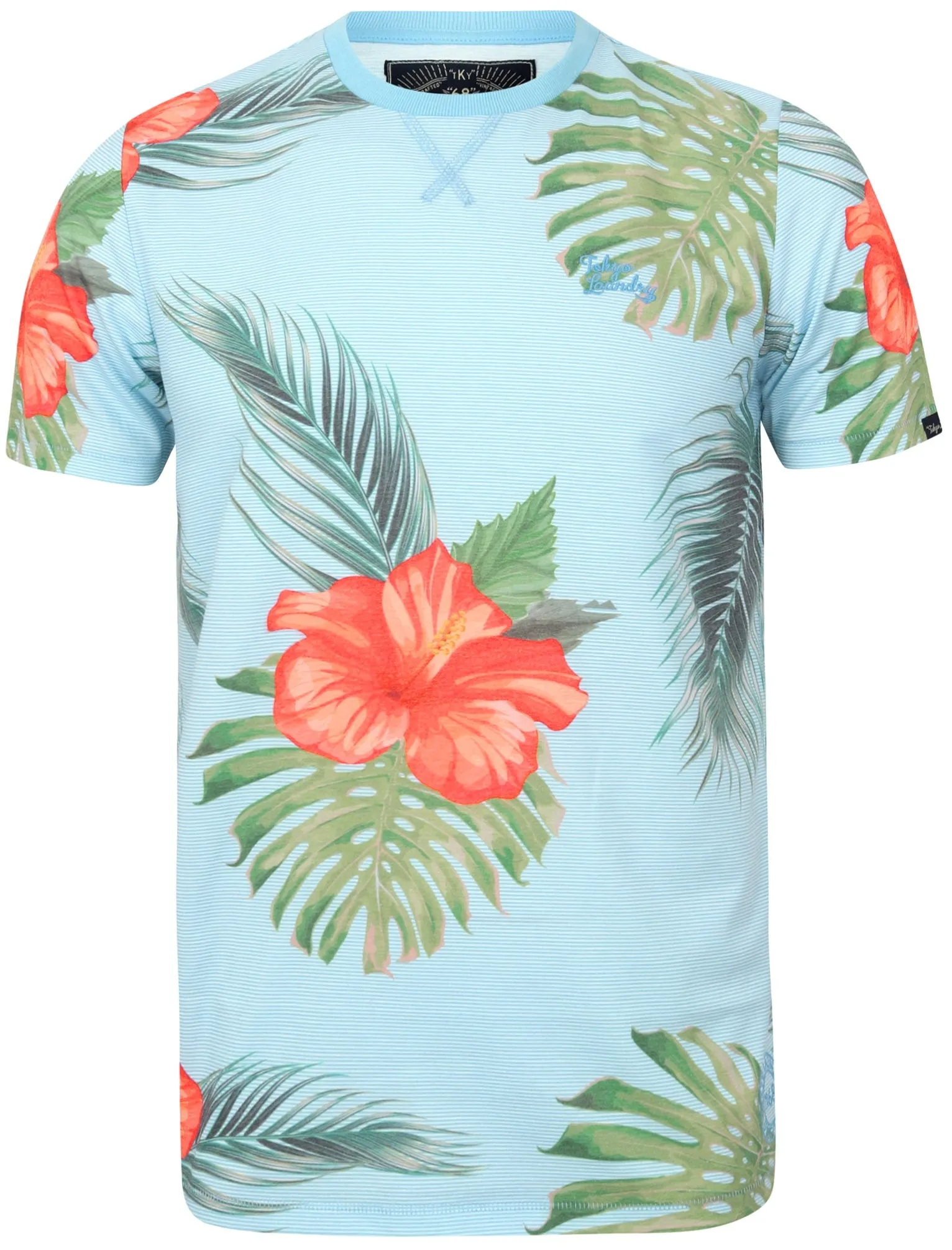 Waikawa Striped Tropical Palm Printed T-Shirt In Blue Fog - Tokyo Laundry