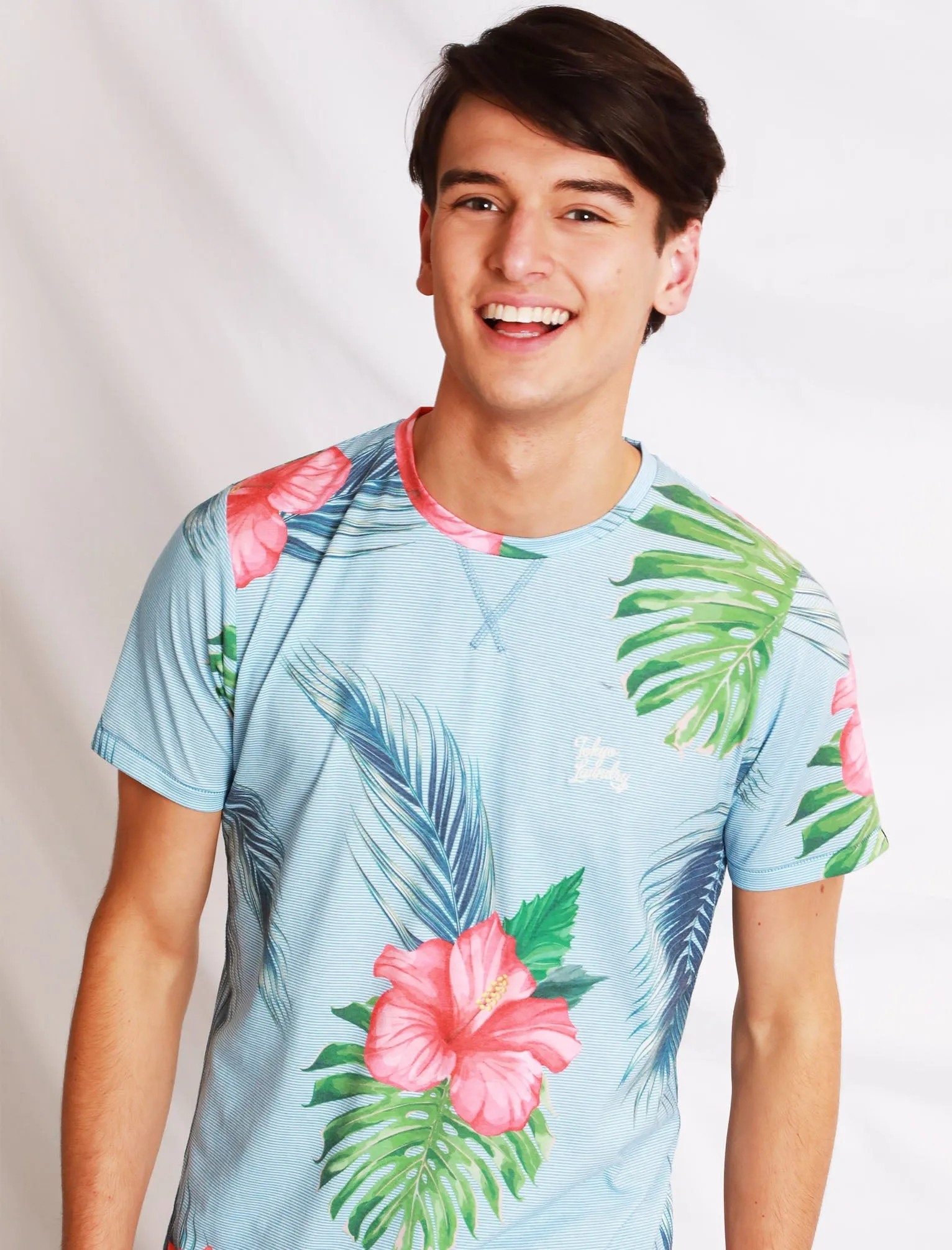 Waikawa Striped Tropical Palm Printed T-Shirt In Blue Fog - Tokyo Laundry