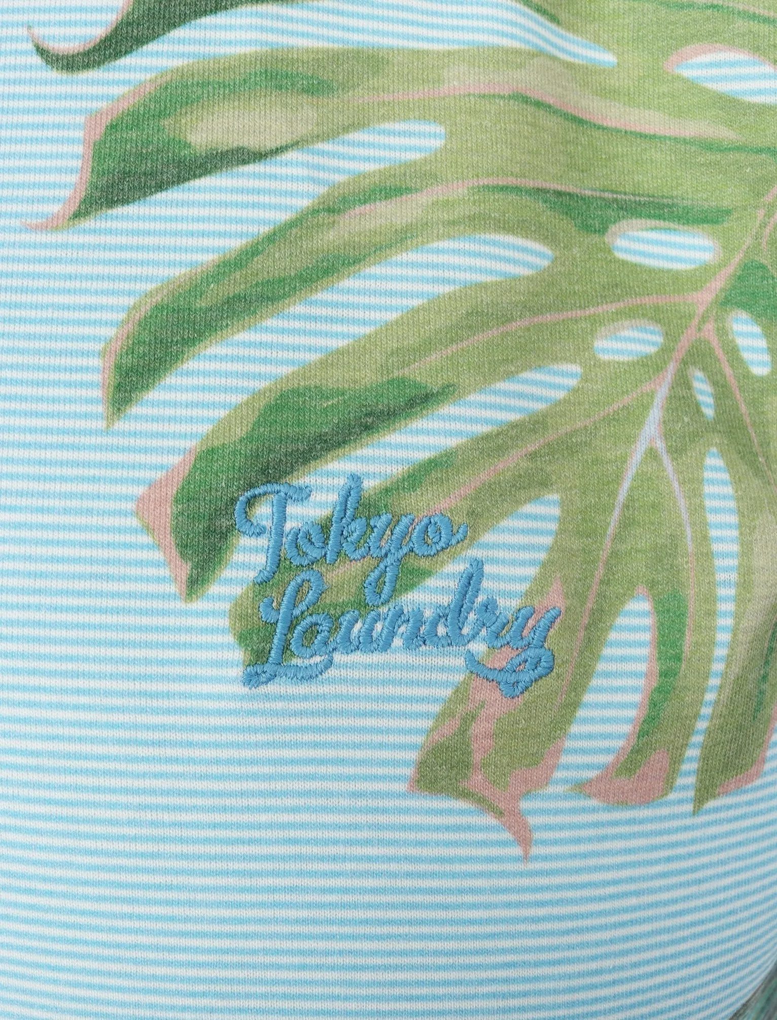 Waikawa Striped Tropical Palm Printed T-Shirt In Blue Fog - Tokyo Laundry