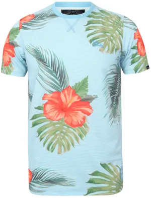 Waikawa Striped Tropical Palm Printed T-Shirt In Blue Fog - Tokyo Laundry