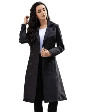Women's Black Double-Breasted Belted Trench Coat | Womens Long Pea Coat