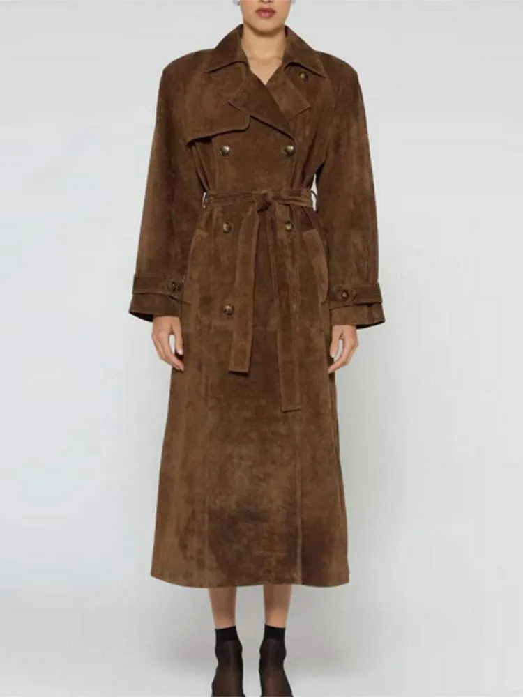 Women's Brown Belted Waist Elegant Double-Breasted Long Coat