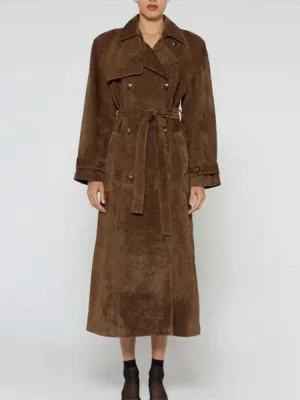 Women's Brown Belted Waist Elegant Double-Breasted Long Coat