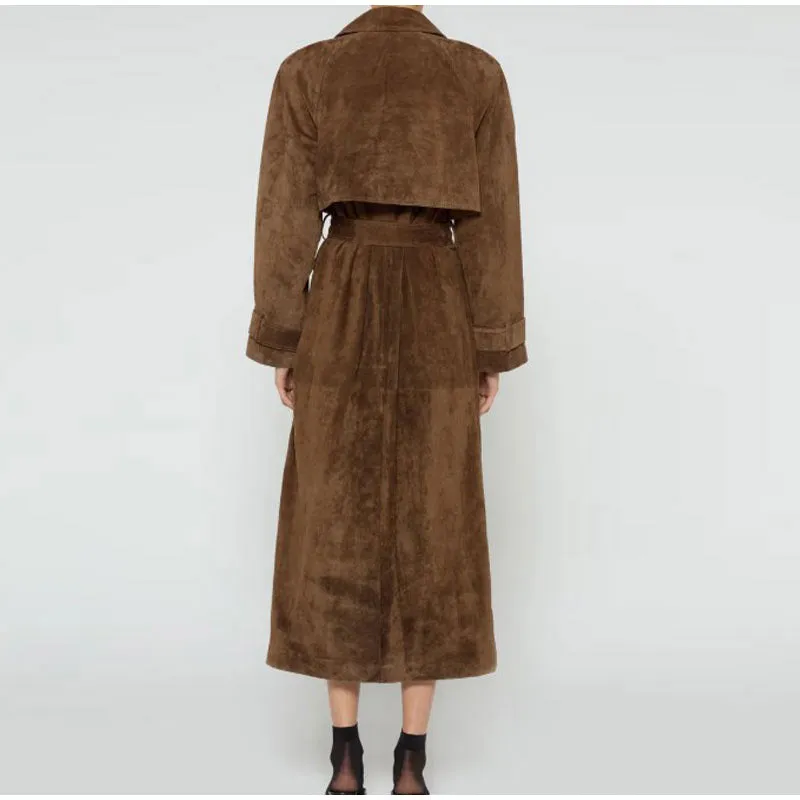 Women's Brown Belted Waist Elegant Double-Breasted Long Coat