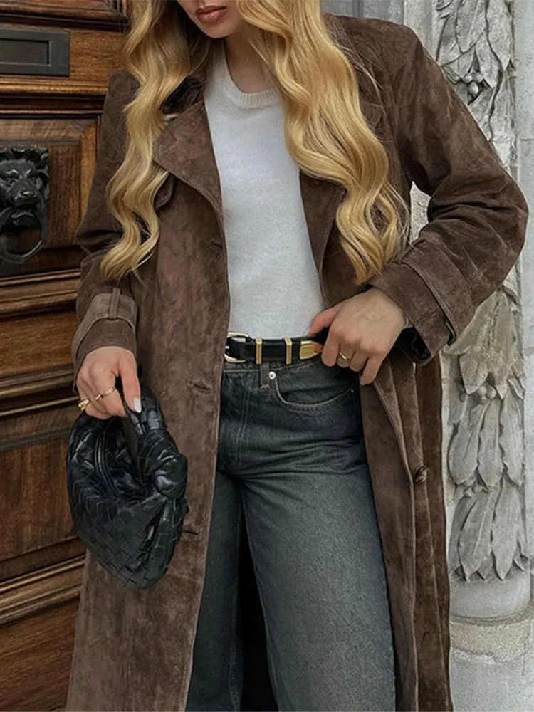 Women's Brown Belted Waist Elegant Double-Breasted Long Coat