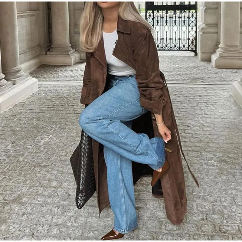 Women's Brown Belted Waist Elegant Double-Breasted Long Coat