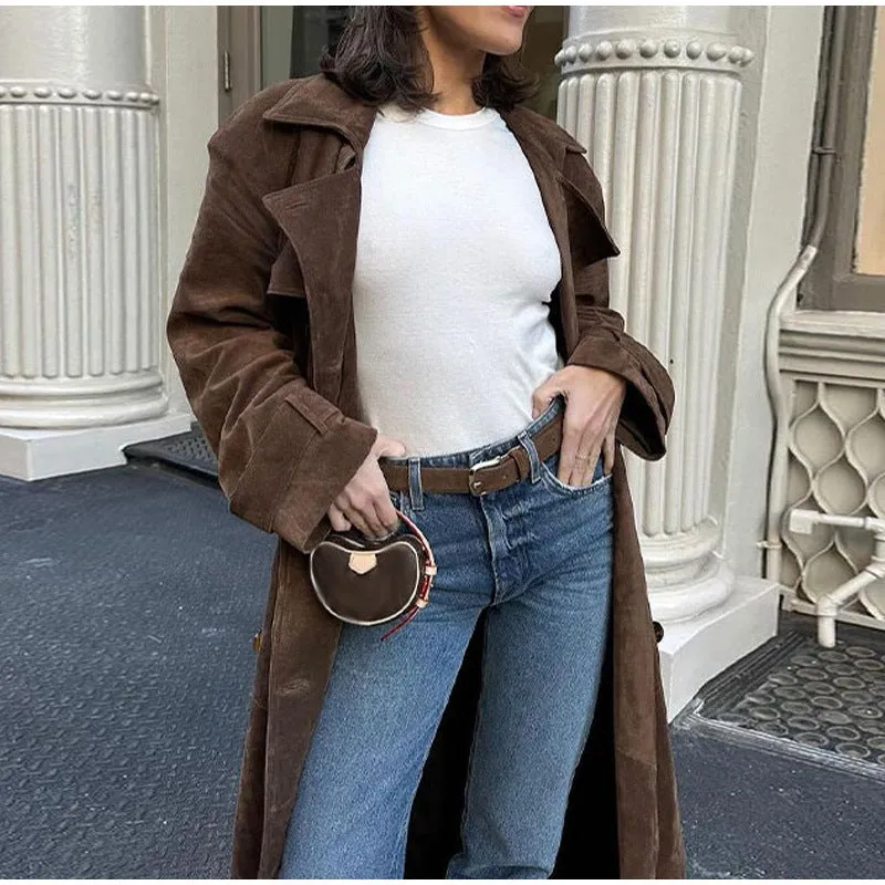 Women's Brown Belted Waist Elegant Double-Breasted Long Coat