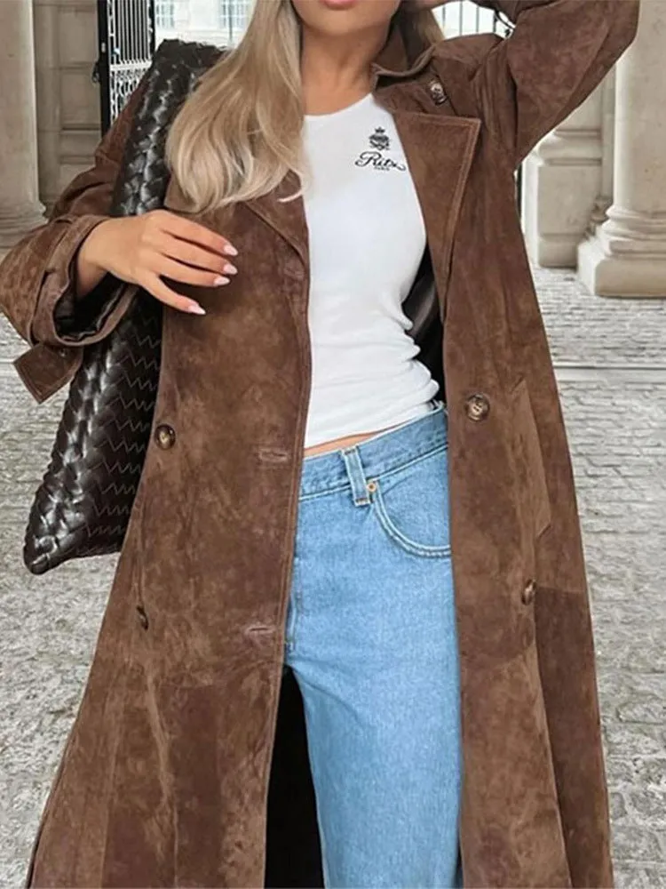 Women's Brown Belted Waist Elegant Double-Breasted Long Coat