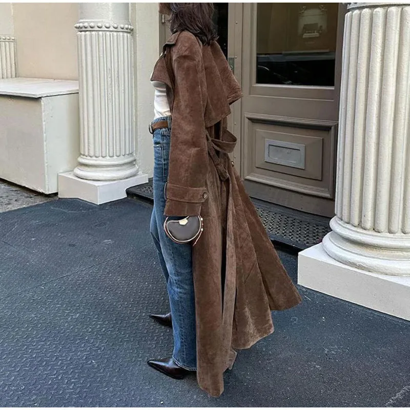 Women's Brown Belted Waist Elegant Double-Breasted Long Coat