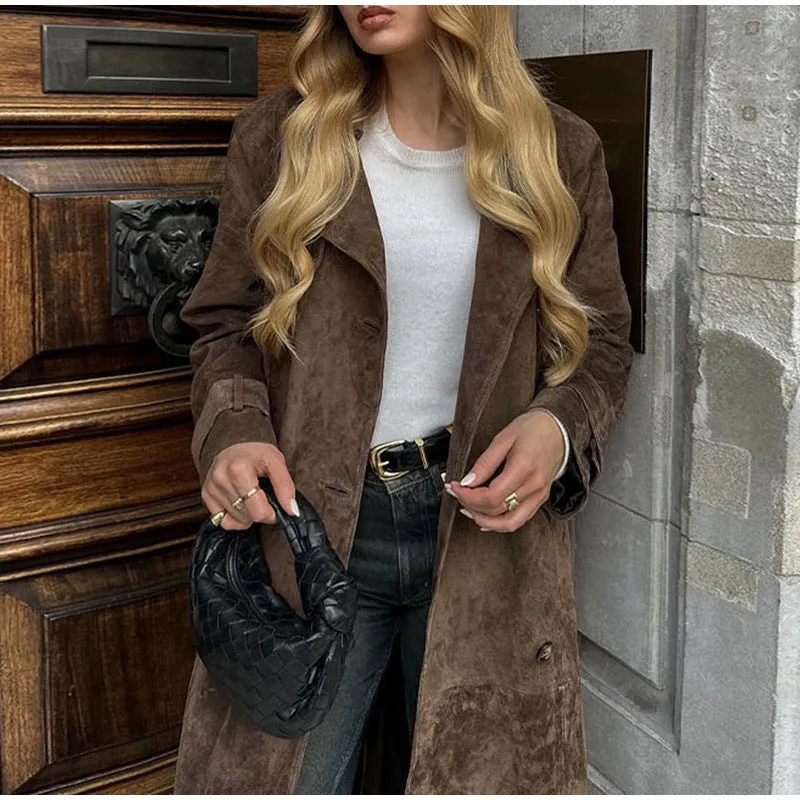 Women's Brown Belted Waist Elegant Double-Breasted Long Coat