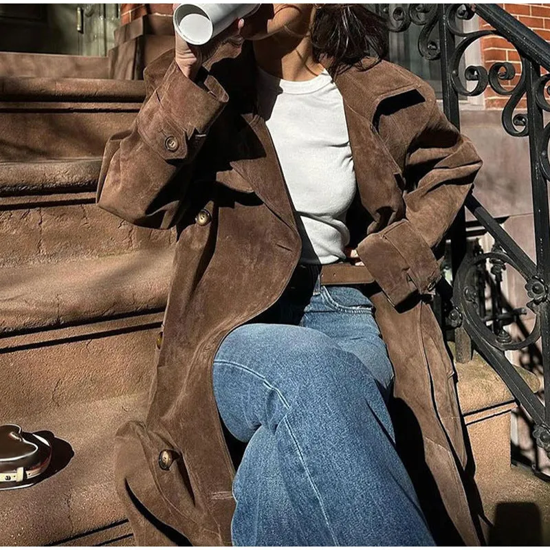 Women's Brown Belted Waist Elegant Double-Breasted Long Coat