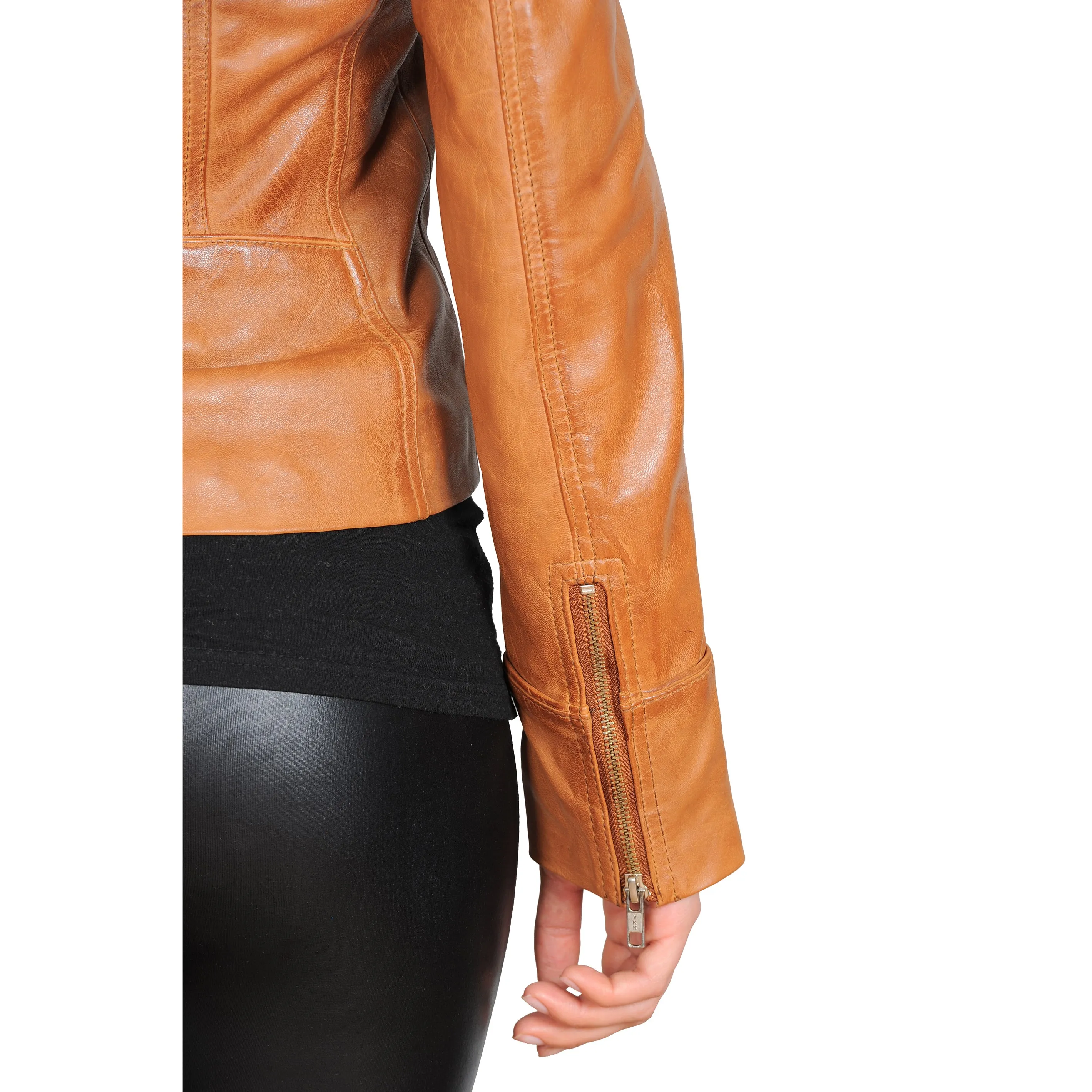 Womens Fitted Biker Style Leather Jacket Betty Tan