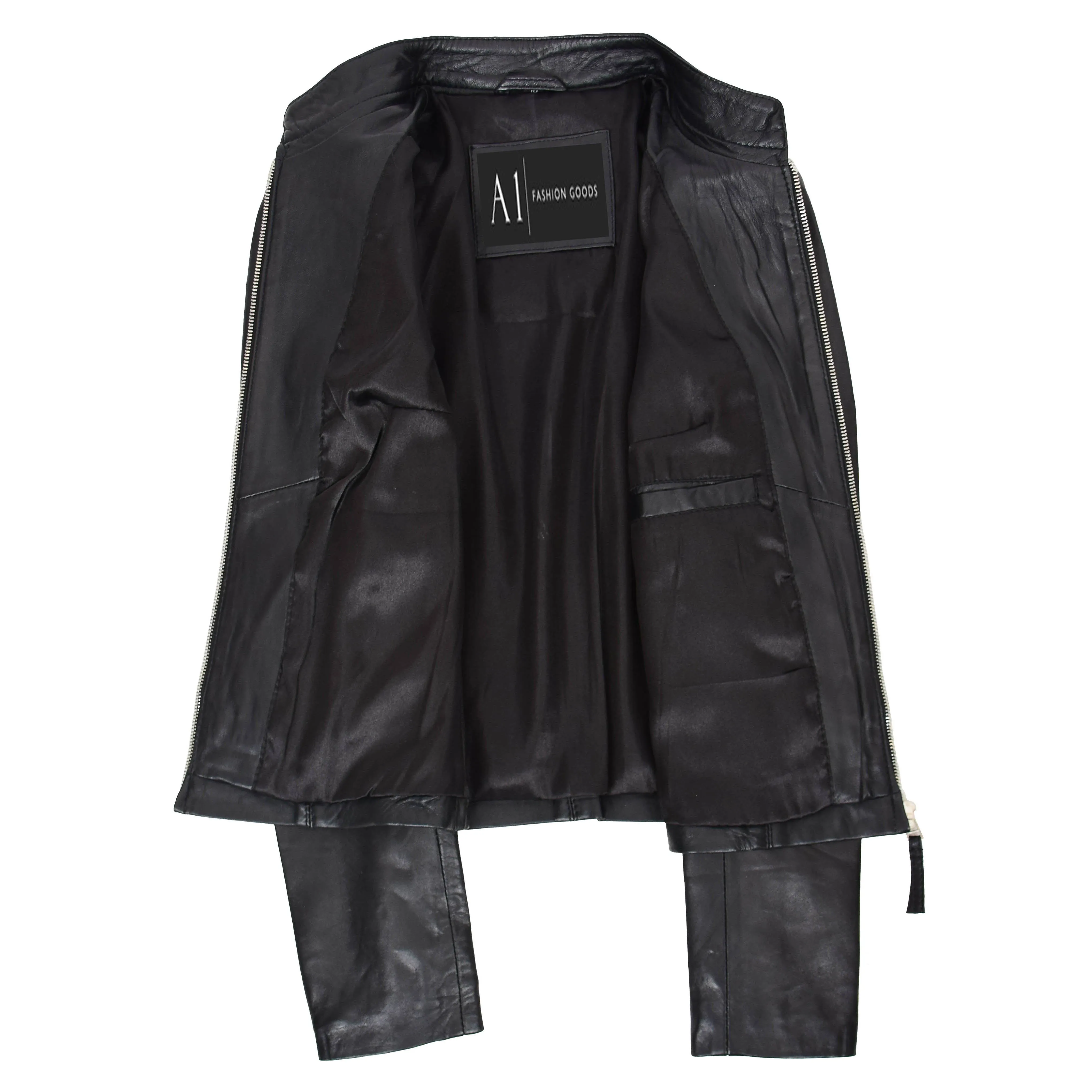 Womens Leather Jacket Soft Black Fitted Classic Biker Style AlS1