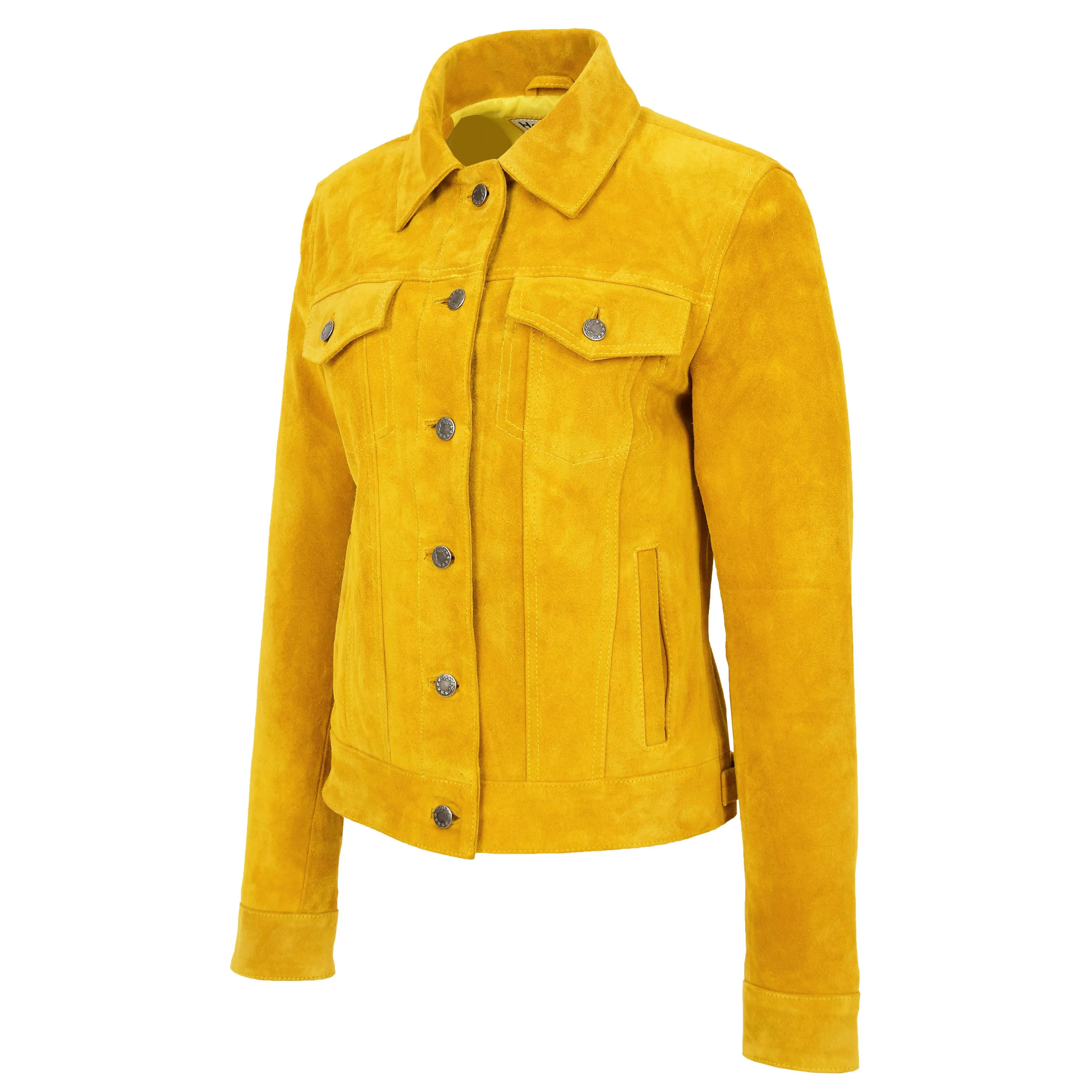 Womens Yellow  Suede Trucker Jacket American Western Denim Biker Style Marisa