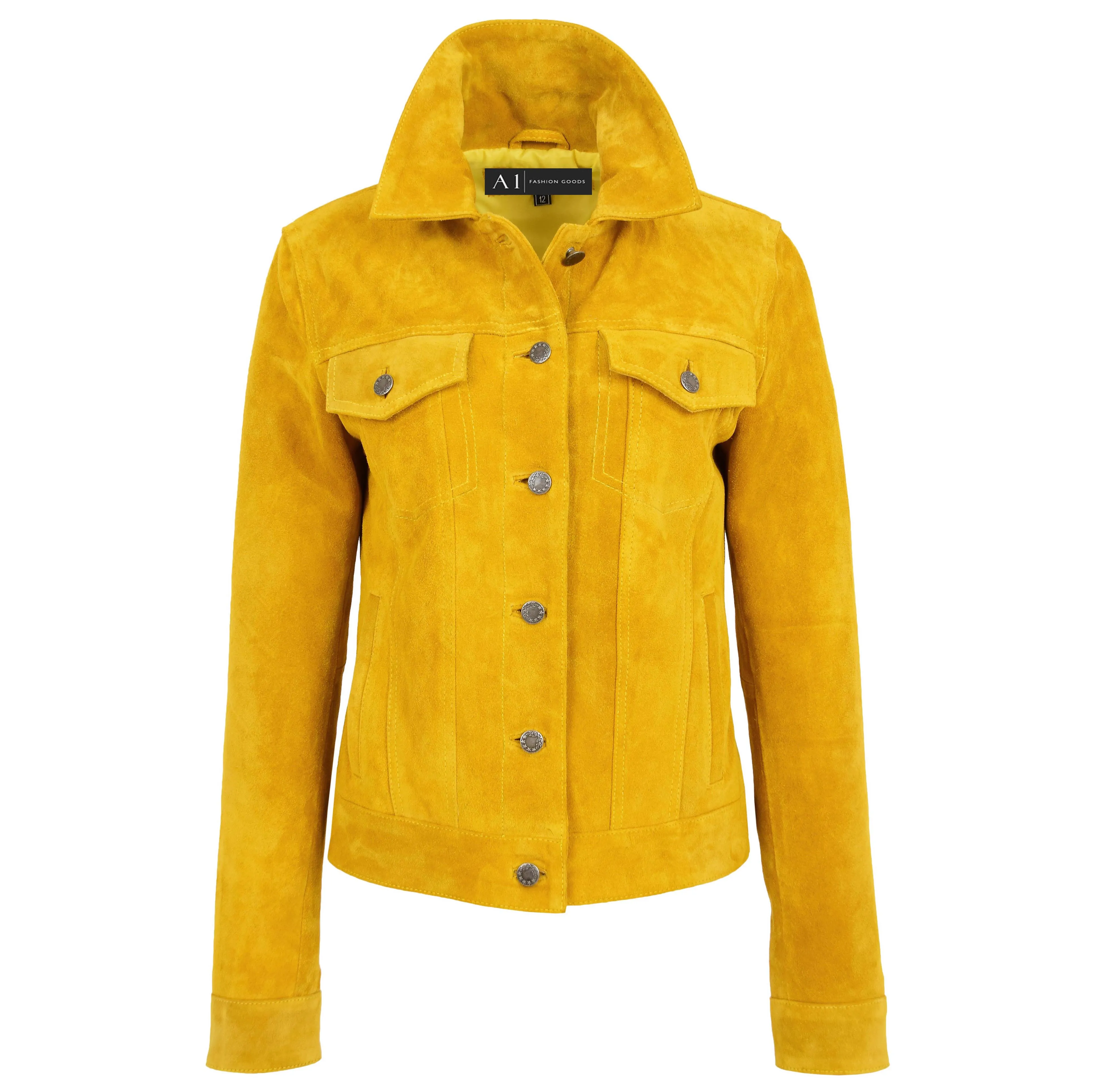 Womens Yellow  Suede Trucker Jacket American Western Denim Biker Style Marisa