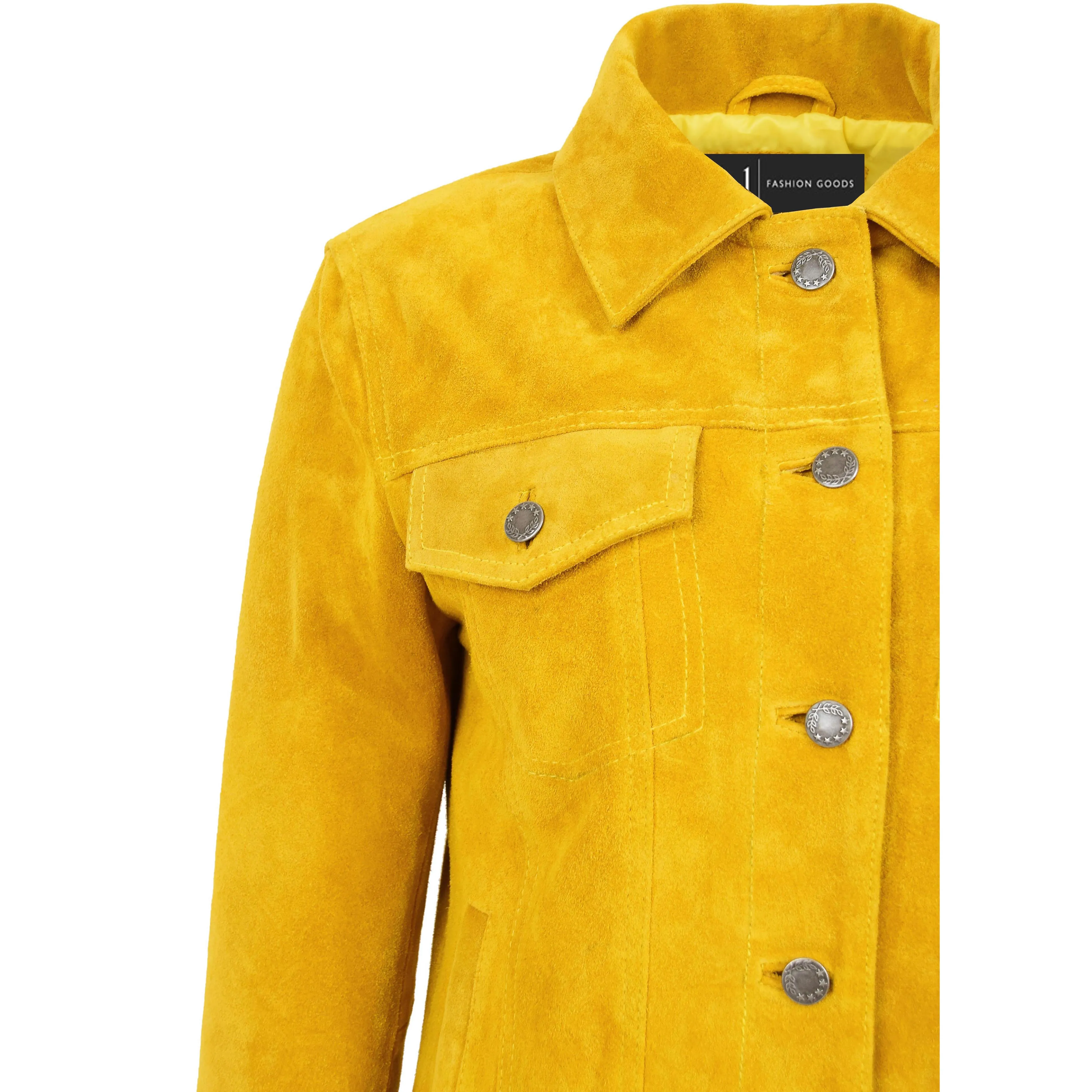 Womens Yellow  Suede Trucker Jacket American Western Denim Biker Style Marisa