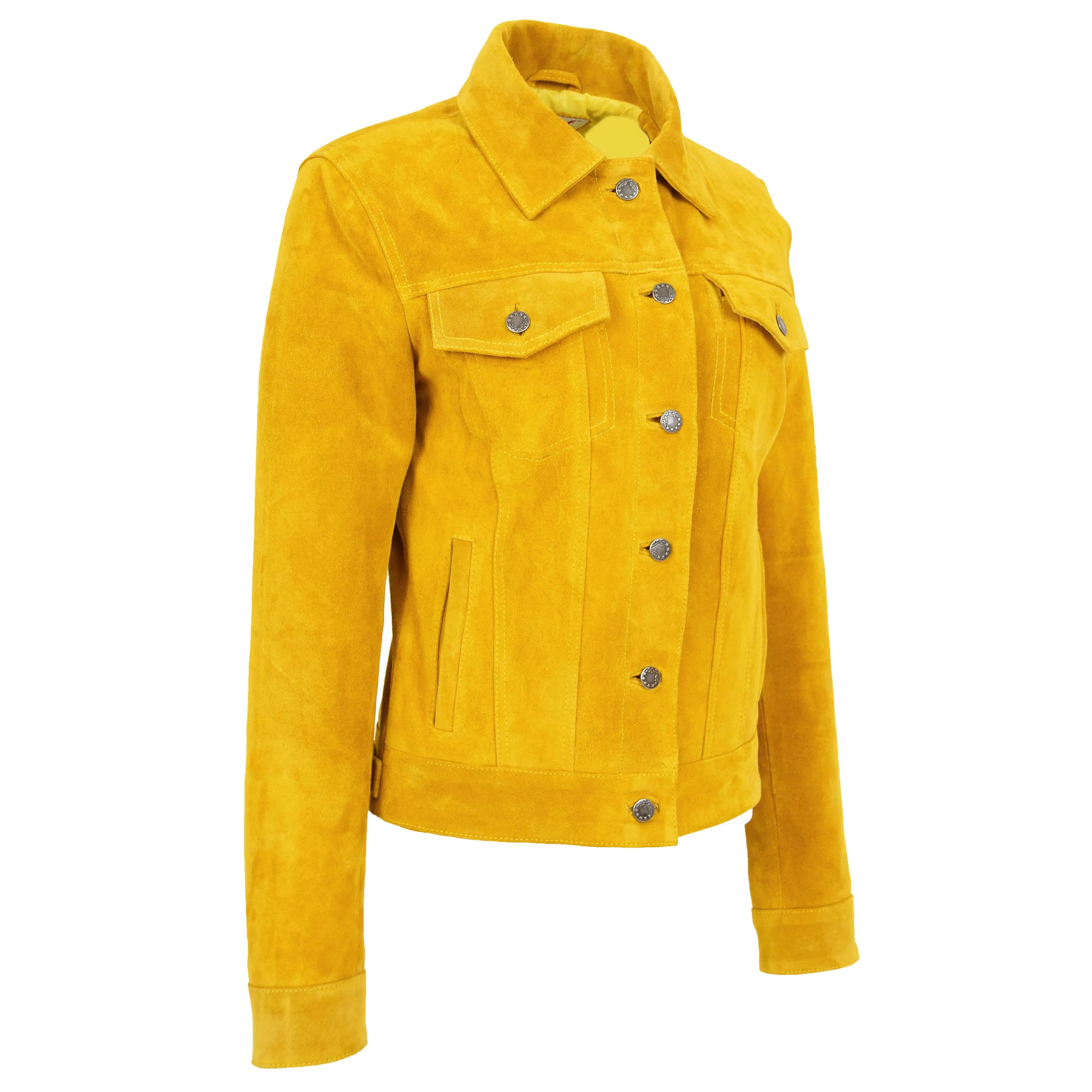 Womens Yellow  Suede Trucker Jacket American Western Denim Biker Style Marisa