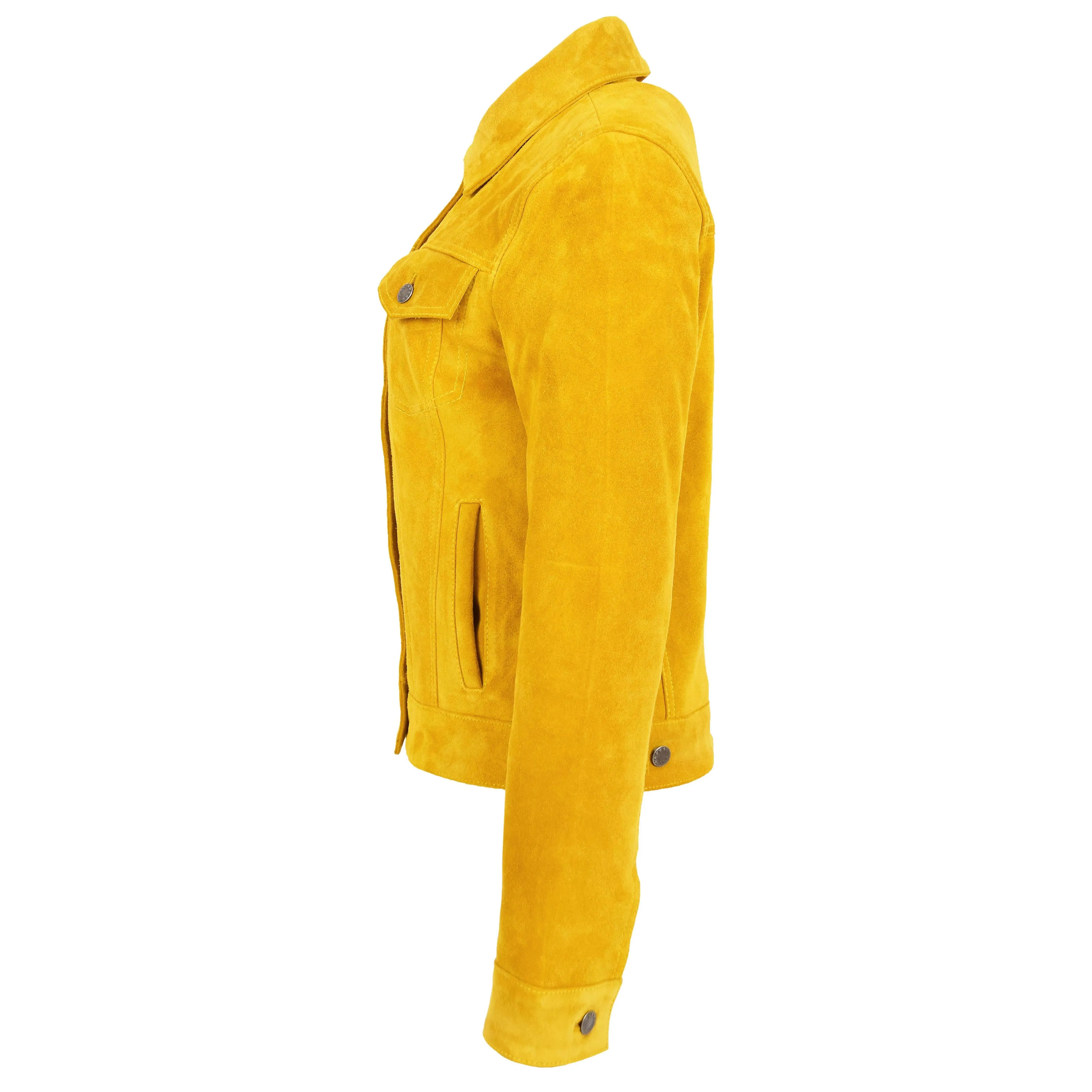 Womens Yellow  Suede Trucker Jacket American Western Denim Biker Style Marisa